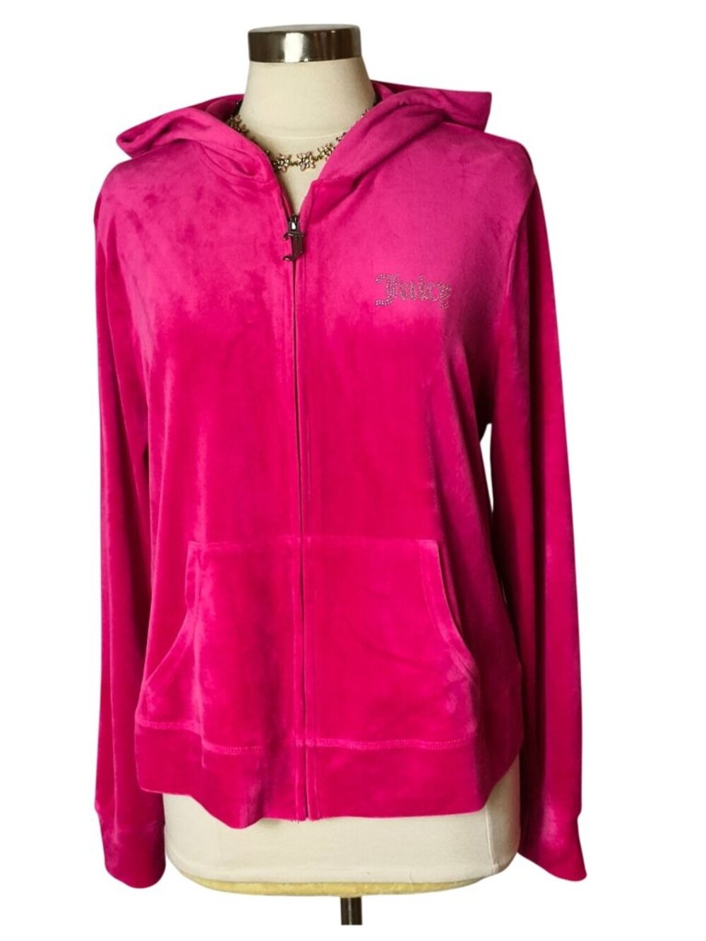 Juicy Couture XXL Velour Hoodie Pink Rhinestone Logo Zip Front Chic Sporty